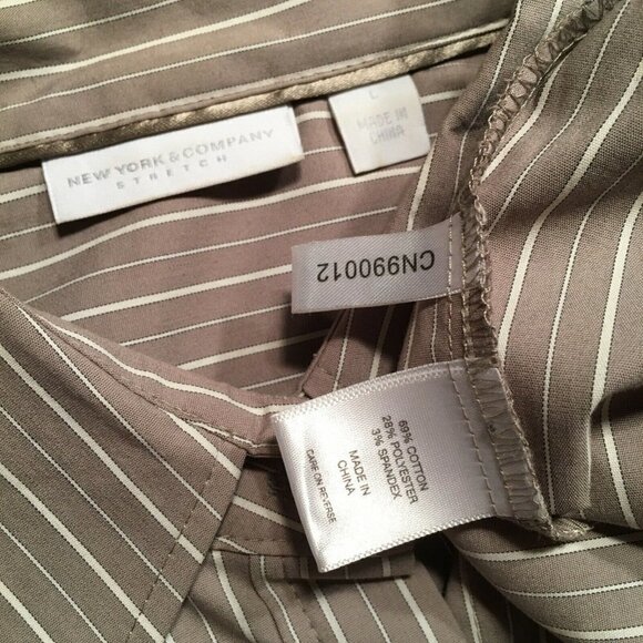 NEW YORK & COMPANY STRETCH “The Madison” Fitted Blouse, BEIGE STRIPE, Size L - Picture 4 of 8